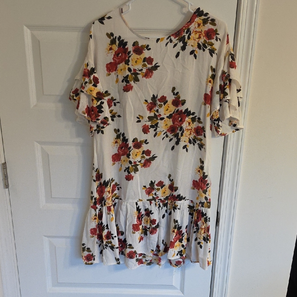Coco + Carmen Floral Kids Dress - Cream with Red and Yellow Accents